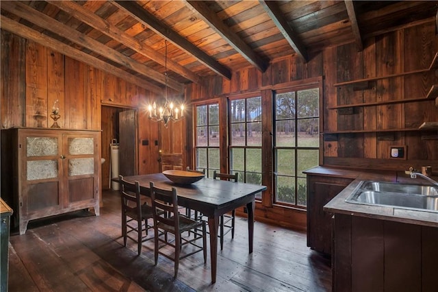 dining area featuring sink, wood ceiling, dark wood-type flooring, vaulted ceiling with beams, and wooden walls