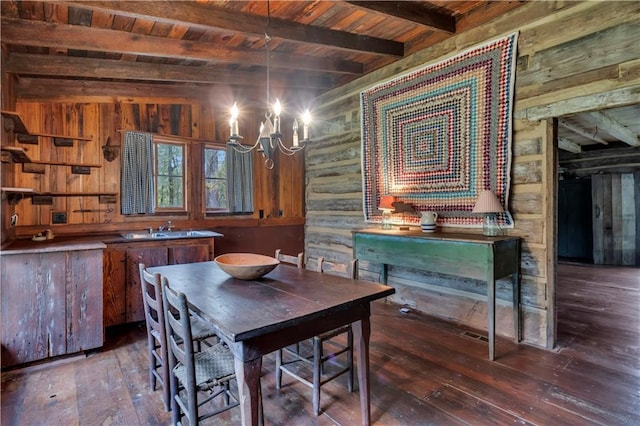 dining area featuring sink, beamed ceiling, dark hardwood / wood-style flooring, wooden ceiling, and a chandelier