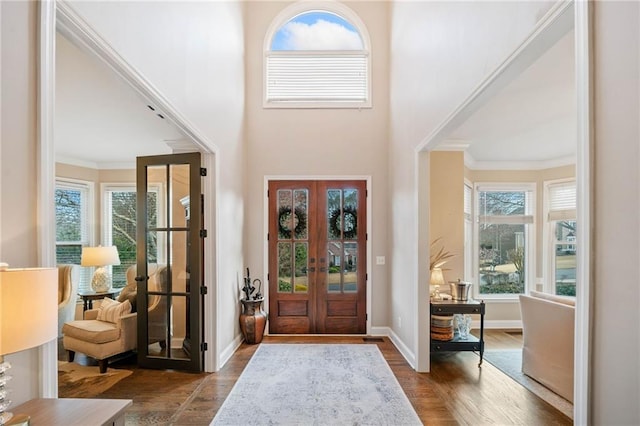 entrance foyer with crown molding, a healthy amount of sunlight, dark wood-style flooring, and baseboards