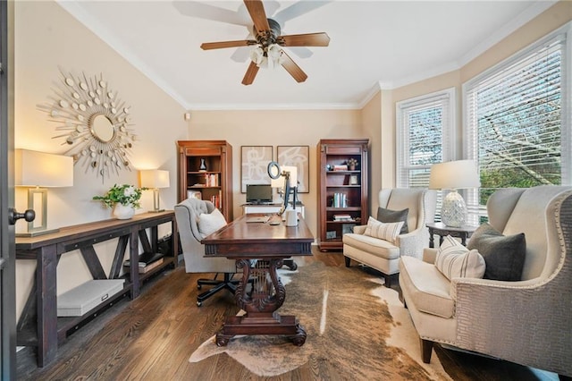 office space with ornamental molding, ceiling fan, and wood finished floors