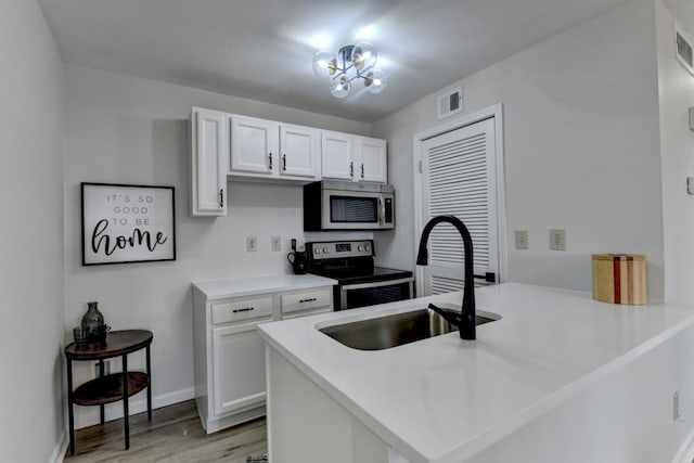 kitchen with kitchen peninsula, appliances with stainless steel finishes, white cabinetry, and sink