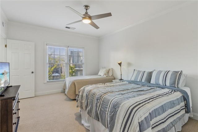 bedroom featuring light carpet, ceiling fan, and ornamental molding