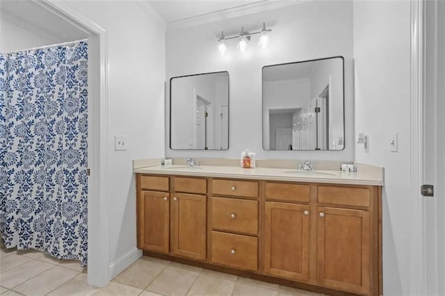 bathroom featuring vanity, tile patterned floors, a shower with shower curtain, and crown molding