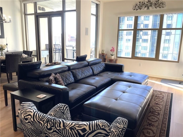 living room featuring wood finished floors, a wealth of natural light, and french doors