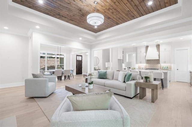 5990 Watermark Cv, Gainesville, GA 30506 - living room featuring a tray ceiling, wooden ceiling, recessed lighting, light wood finished floors, and baseboards