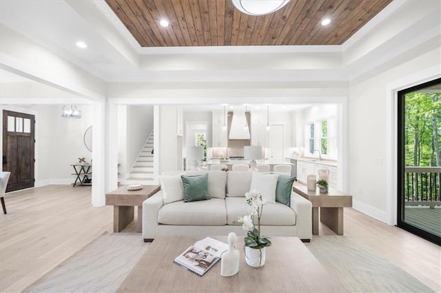 5990 Watermark Cv, Gainesville, GA 30506 - living room with baseboards, stairway, wood ceiling, light wood-style floors, and recessed lighting