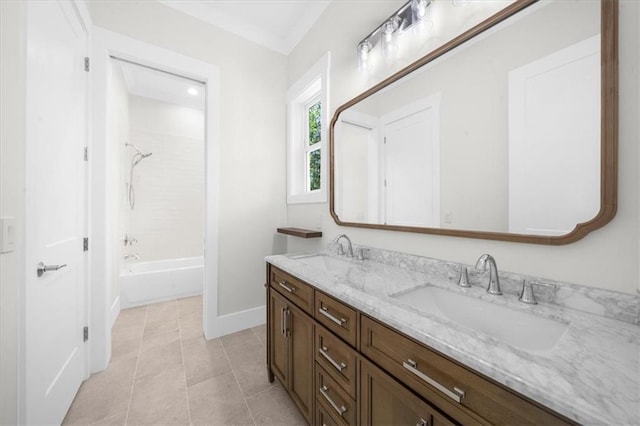 5990 Watermark Cv, Gainesville, GA 30506 - bathroom with double vanity, baseboards, tile patterned floors, and shower / bathtub combination