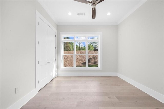 5990 Watermark Cv, Gainesville, GA 30506 - unfurnished bedroom with light wood-style floors, crown molding, baseboards, recessed lighting, and a ceiling fan