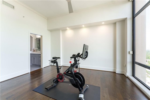 workout room with recessed lighting, wood finished floors, ornamental molding, baseboards, and visible vents