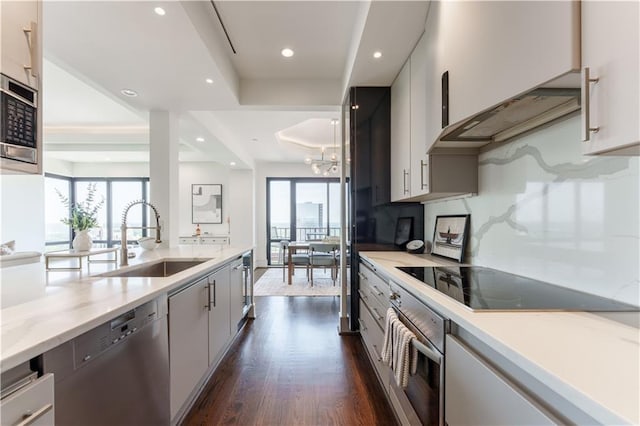kitchen featuring dark wood-type flooring, a sink, stainless steel appliances, and plenty of natural light