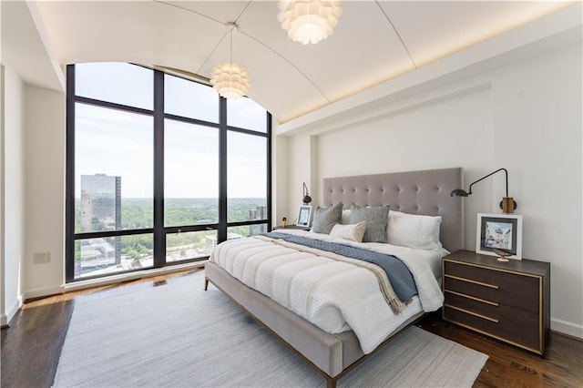 bedroom with dark wood-type flooring, expansive windows, and baseboards