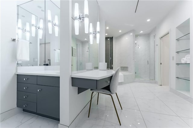bathroom featuring recessed lighting, a stall shower, vanity, and marble finish floor