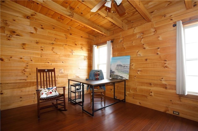 1225 Pitts Chapel, Newborn, GA 30056 - home office featuring wood ceiling, beamed ceiling, wooden walls, a ceiling fan, and dark wood-style floors