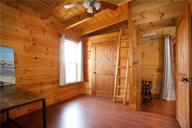 1225 Pitts Chapel, Newborn, GA 30056 - unfurnished bedroom featuring beam ceiling, wood finished floors, wood walls, and wooden ceiling