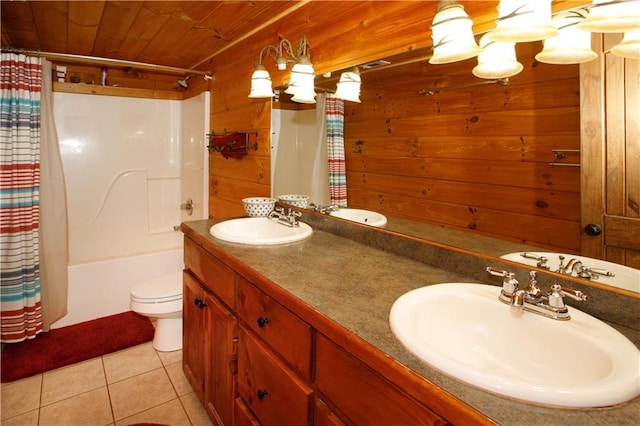 1225 Pitts Chapel, Newborn, GA 30056 - full bathroom with tile patterned floors, toilet, wooden walls, shower / bath combination with curtain, and double vanity
