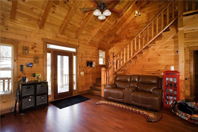 1225 Pitts Chapel, Newborn, GA 30056 - foyer entrance with wood walls, stairs, hardwood / wood-style floors, beamed ceiling, and high vaulted ceiling