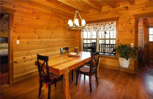 1225 Pitts Chapel, Newborn, GA 30056 - dining room with wood walls, a chandelier, beam ceiling, hardwood / wood-style flooring, and wooden ceiling