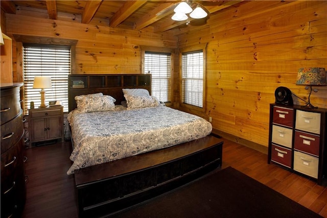 1225 Pitts Chapel, Newborn, GA 30056 - bedroom with multiple windows, beamed ceiling, dark wood-style flooring, wood walls, and wood ceiling