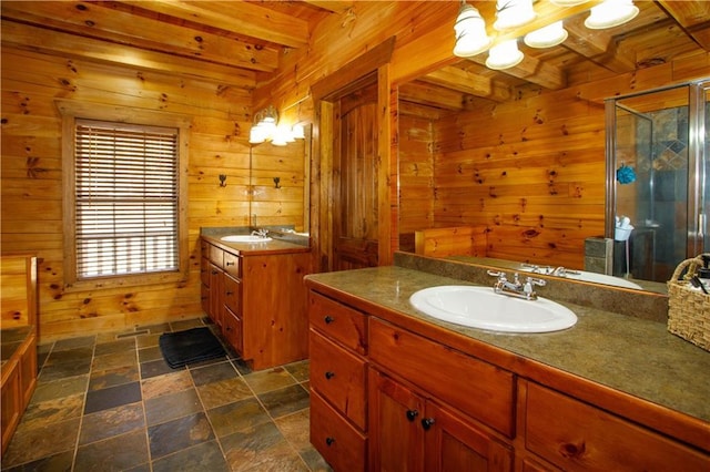 1225 Pitts Chapel, Newborn, GA 30056 - bathroom with beamed ceiling, wood walls, wood ceiling, a stall shower, and two vanities