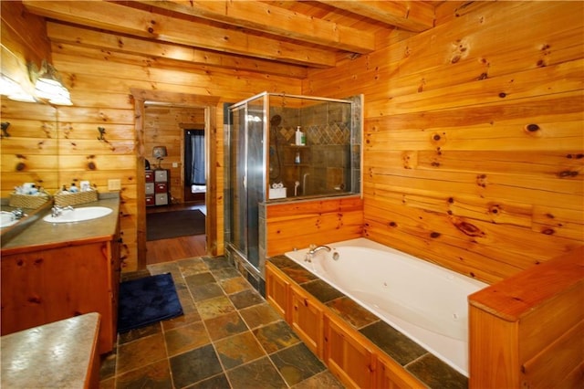 1225 Pitts Chapel, Newborn, GA 30056 - full bath featuring wood walls, beam ceiling, a tub with jets, a shower stall, and stone finish floors