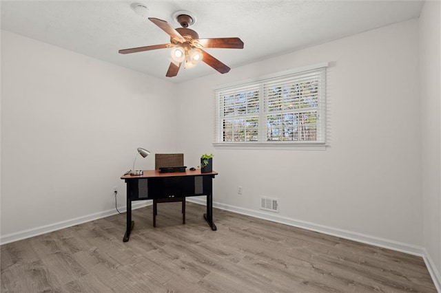 office area featuring ceiling fan, light wood-style floors, visible vents, and baseboards