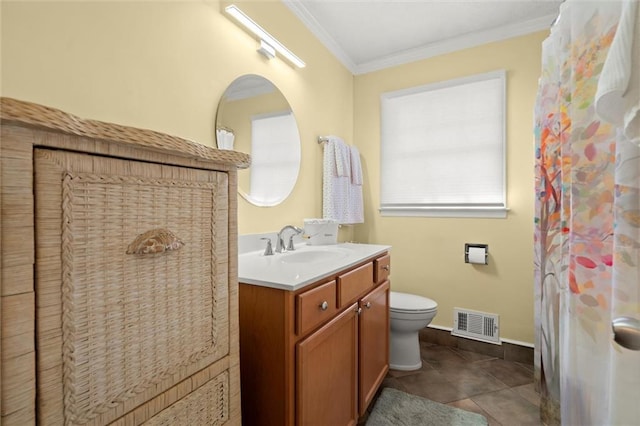 full bath featuring visible vents, toilet, ornamental molding, tile patterned floors, and vanity