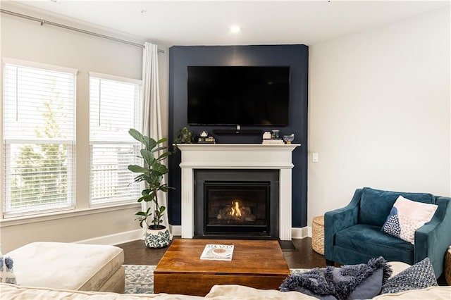 living area featuring dark wood-type flooring, a wealth of natural light, baseboards, and a fireplace with flush hearth