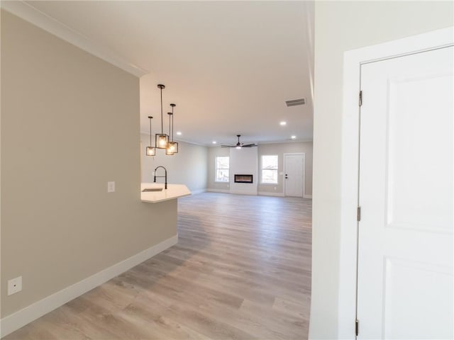 interior space featuring light hardwood / wood-style floors, crown molding, and ceiling fan