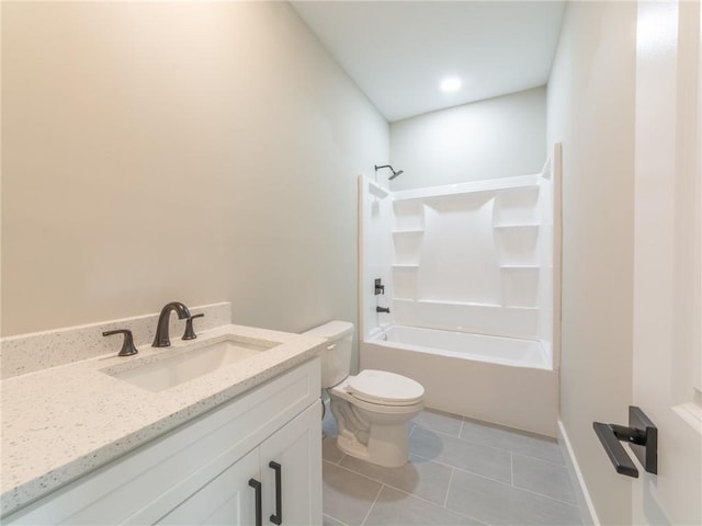 full bathroom with toilet, tile patterned flooring, shower / bath combination, and vanity