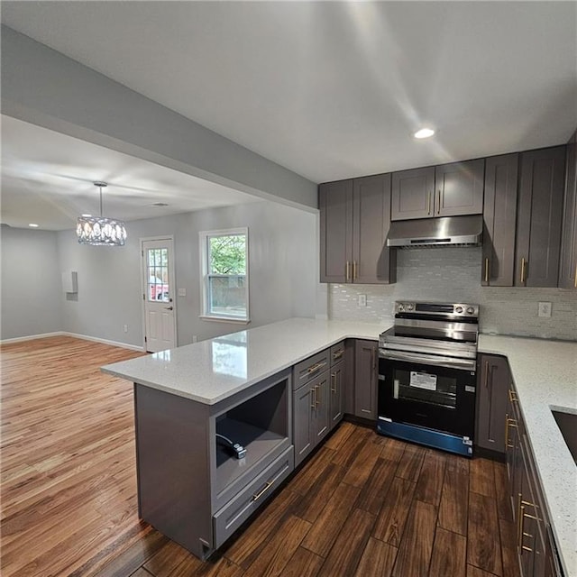 487 Eastside Dr, Dacula, GA 30019 - kitchen featuring stainless steel electric range oven, under cabinet range hood, dark wood-type flooring, backsplash, and recessed lighting