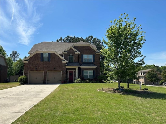 traditional-style house featuring a garage, concrete driveway, brick siding, and a front yard