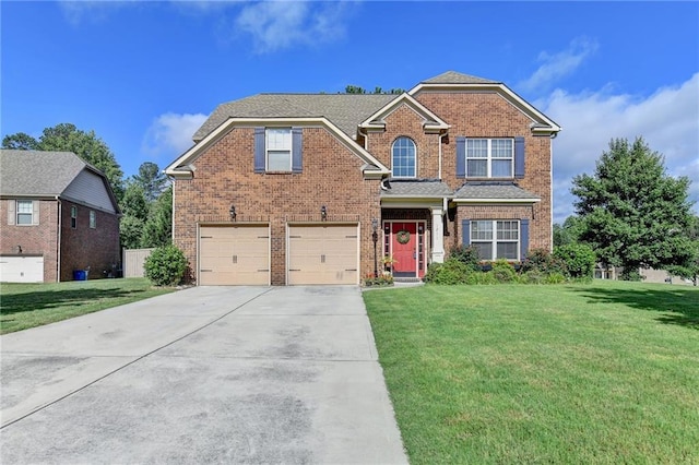 1211 Chapel Estates Way, Dacula, GA 30019 - traditional home featuring brick siding, a garage, driveway, and a front yard