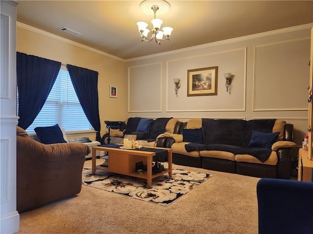 carpeted living area with visible vents, ornamental molding, a decorative wall, and a notable chandelier