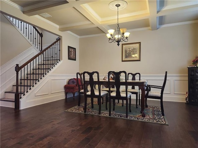 dining area with an inviting chandelier, dark wood finished floors, beamed ceiling, stairway, and coffered ceiling