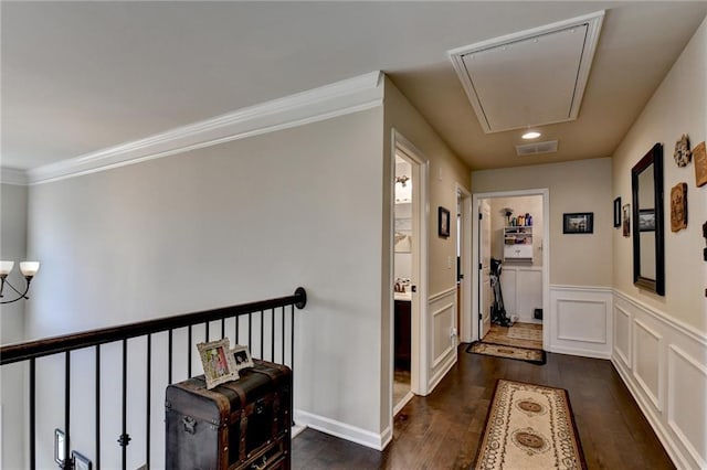 1211 Chapel Estates Way, Dacula, GA 30019 - hall with attic access, dark wood-style flooring, a wainscoted wall, ornamental molding, and recessed lighting