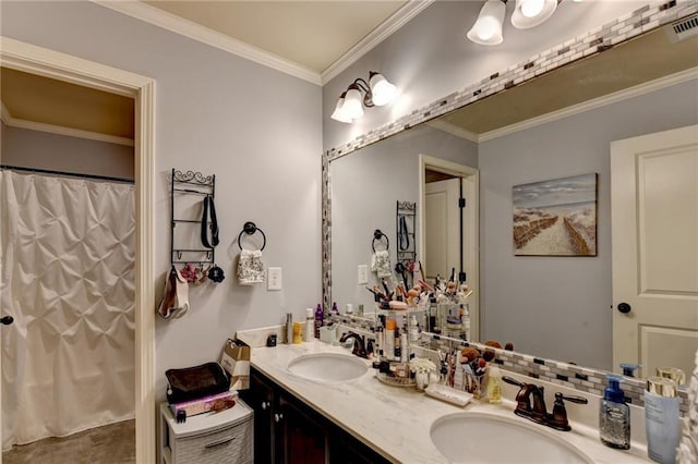 1211 Chapel Estates Way, Dacula, GA 30019 - full bath featuring double vanity, ornamental molding, and a shower with curtain