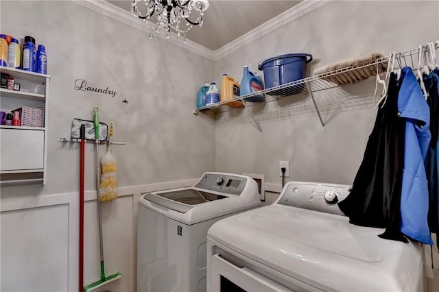 1211 Chapel Estates Way, Dacula, GA 30019 - laundry room featuring separate washer and dryer, a chandelier, and ornamental molding