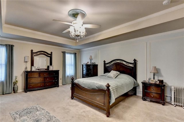 1211 Chapel Estates Way, Dacula, GA 30019 - bedroom with radiator, a raised ceiling, carpet flooring, ornamental molding, and ceiling fan