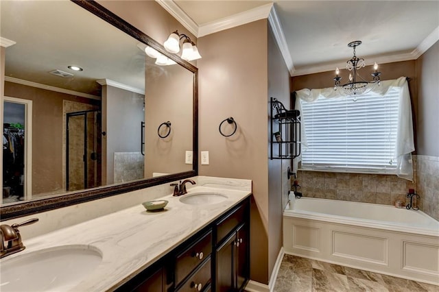 1211 Chapel Estates Way, Dacula, GA 30019 - bathroom featuring a garden tub, double vanity, a chandelier, a shower stall, and crown molding