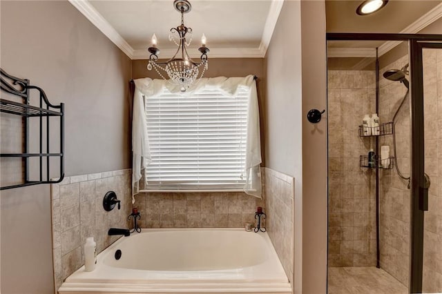 1211 Chapel Estates Way, Dacula, GA 30019 - bathroom featuring a bath, a shower stall, crown molding, and a chandelier