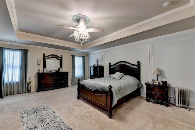 1211 Chapel Estates Way, Dacula, GA 30019 - bedroom with radiator, a tray ceiling, multiple windows, light carpet, and ornamental molding