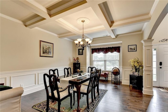 1211 Chapel Estates Way, Dacula, GA 30019 - dining area featuring decorative columns, beamed ceiling, a chandelier, coffered ceiling, and dark wood-style floors