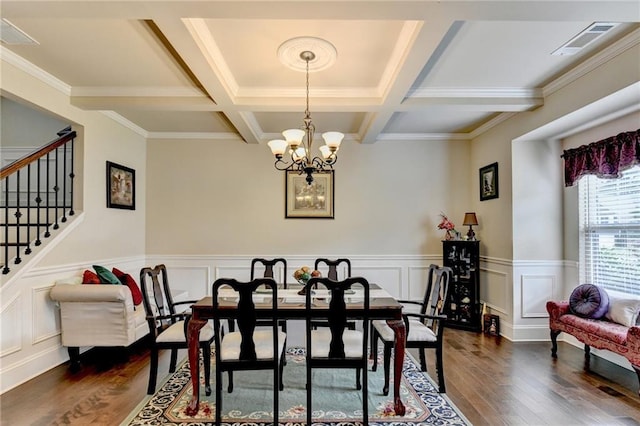 1211 Chapel Estates Way, Dacula, GA 30019 - dining area featuring a chandelier, stairs, dark wood-style floors, coffered ceiling, and beamed ceiling