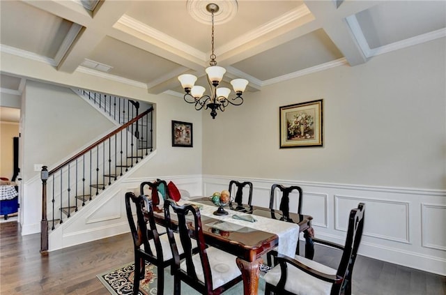 1211 Chapel Estates Way, Dacula, GA 30019 - dining area with coffered ceiling, dark wood-style flooring, beamed ceiling, a chandelier, and stairs