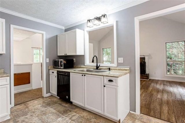 2975 Summit Ln, Monroe, GA 30655 - kitchen featuring dishwasher, a sink, stainless steel microwave, light countertops, and a fireplace with raised hearth