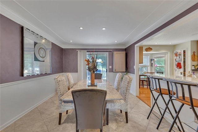 503 Silver Maple Ln, Woodstock, GA 30189 - dining space featuring plenty of natural light, light tile patterned floors, crown molding, baseboards, and recessed lighting