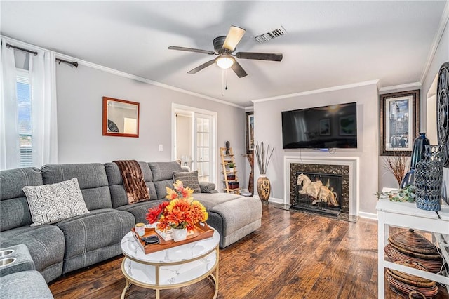 46 Le Parc Fontaine, Lithonia, GA 30038 - living area featuring wood finished floors, a ceiling fan, ornamental molding, and a high end fireplace
