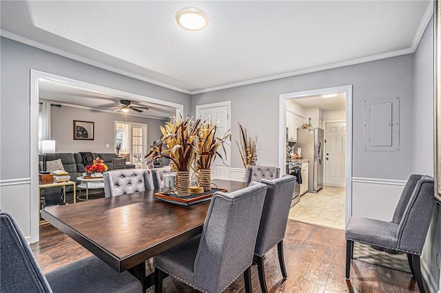 46 Le Parc Fontaine, Lithonia, GA 30038 - dining room featuring light wood-type flooring, crown molding, a ceiling fan, and electric panel