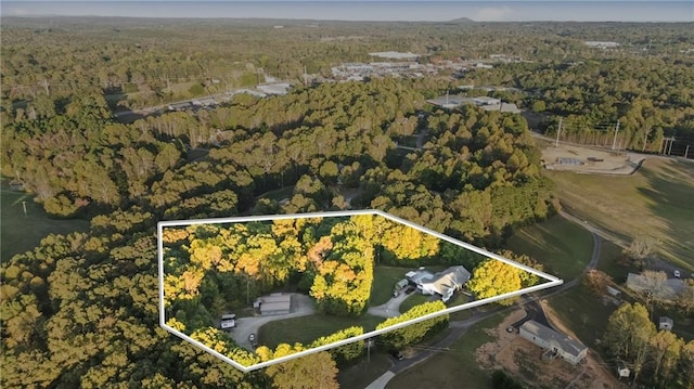 birds eye view of property featuring a wooded view