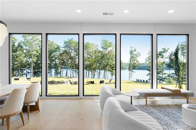 doorway with a water view, a wealth of natural light, and light wood-type flooring